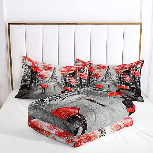 Paris Style Comforter Set For Girls Teens, Queen Size France Eiffel Tower Bedroom Themed Bedding Comforter With 2 Red Maple Leaf With Lover Couple In The Rain Patterned Pillowcases-90 X90(Queen, Red) #TOP4