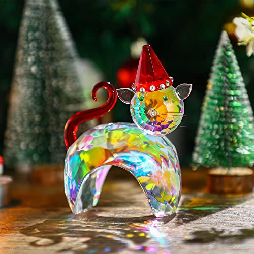 Qfkris Crystal Lucky Christmas Cat Figurines Collectibles Glass Animal Figurine For Table Home Decoration Furnishing Article #TOP2