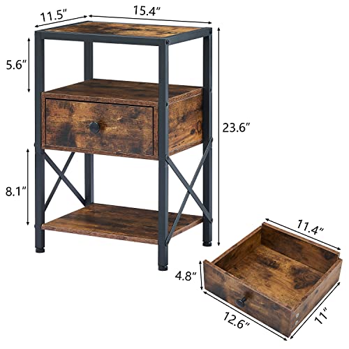 Tajsoon Night Stand With Drawer Bedside Table With Storage Shelf And X-Design Side, 3-Tier Side Table End Table For Bedroom Living Room, Rustic Brown&Black #TOP2