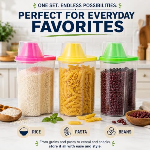 Image of Basicwise 1.9 Liters Set of 3 Small Airtight Food Storage Containers with Pouring Spout and Measuring Cup Lid for Flour Sugar Cereal Rice Pantry Staples & Baking Ingredients in Green Pink and Yellow