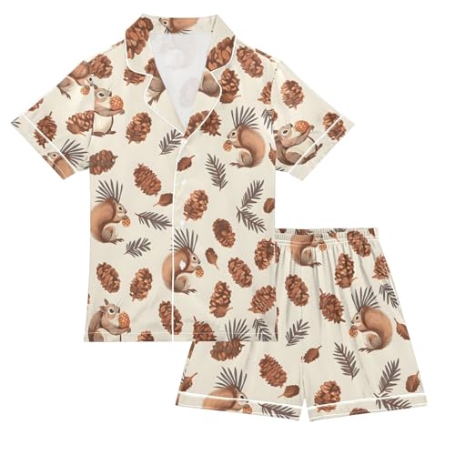 ALAZA Squirrel Leaf Fruit Pajamas Satin Pajama Set Short Sleeve Button Down Sleepwear