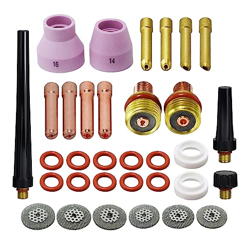 Image of RIVERWELD TIG Gas Lens Collet Body 45V 13N Champagne H type 53NAHCN 14-16# | 45V43 13N22 2C116GS 1 /16 inch, 45V44 13N23 2C332GS 3 /32 inch Alumina Nozzle Ceramic Cups SR WP 9 20 TIG Welding Torch 33pcs