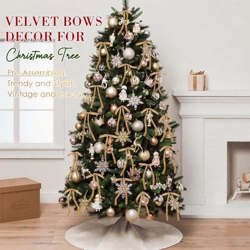 Image of Set of 24 Khaki Brown Velvet Bows Ornaments for Christmas Tree, Vintage Velvet Christmas Bows Tree Decorations, Indoor Home Decor for Wreath Mantle Gift Wrap Holiday Decor, 3 /8'' W, 5 * 7 inch