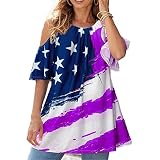 Mayntop Camiseta para mujer de verano con la bandera de América del 4 de julio y el cuarto hombro frío manga corta modelo de fibra de leche, A-morado., 46
