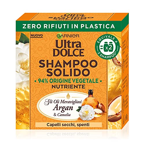 Garnier Ultra Dolce Shampoo Sólido com maravilhosos óleos de Argan e Camélia, Para cabelos secos e opacos, Com embalagem 100% ecológica sem plástico, 60 gr