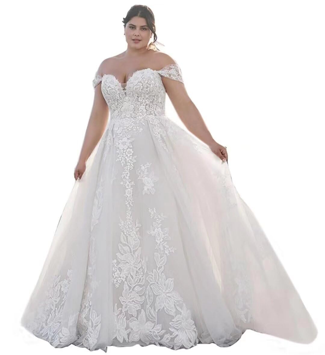 Mouccy Elegant Off Shoulder Wedding Dresses for Bride Long Lace Wedding Gowns with Train Sweetheart A-line Bridal Gowns