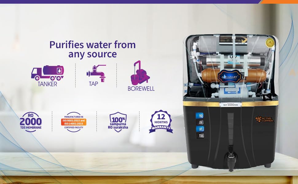 Image of AquaDart RO+UV+UF+Taste Adjuster(MTDS),12L water purifier,8 stages purification,Suitable for borewell,tanker,municipal water(Black)