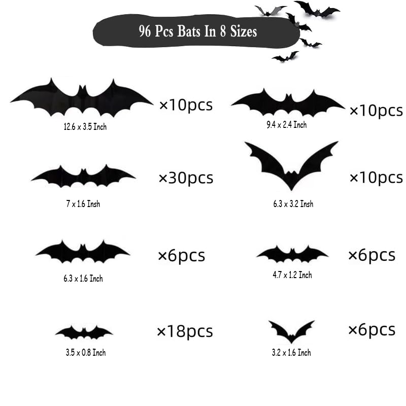 96 Pcs Halloween Decor: 3D Bat Stickers, 8 Size Bat Decorations for Wall, Window, Door & Party