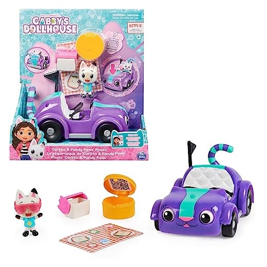LA CASA DE MUÑECAS DE GABBY - COCHE CARLITA - Vehículo Carlita con figura coleccionable de Pandy Patitas y 2 accesorios de La Casa de Muñecas de Gabby - 6062145 - Juguetes Niños 3 años +