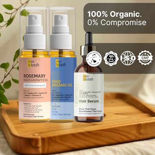 Image of Set of 3: Rosemary Hair Oil, Head Massage Oil & Hair Serum - For Hair Growth, Stress Relief & Smooth, Shiny Hair