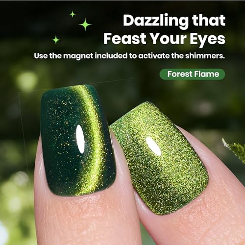 Image of Beetles Forest Flame Green Cat Eye Gel Nail Polish - 15ML Green Cat Eye Gel Polish Glitter Magnetic Translucent Glassy Effect Soak Off UV French Nail Art DIY Manicure Gifts for Women