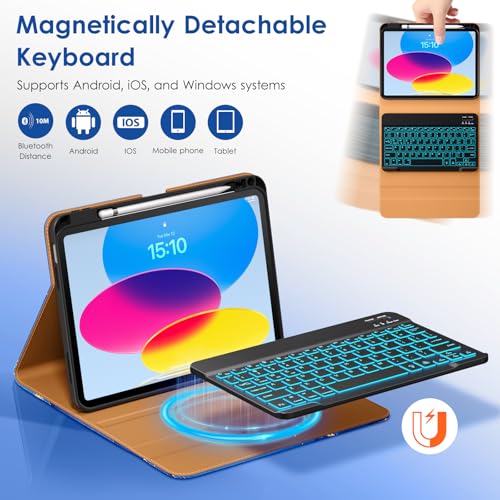 Image of DTTO for iPad 11th (A16) / 10th Generation Case with Keyboard (2025 /2022), 7 Colors Backlit Wireless Detachable Keyboard Leather Folio Cover with Pencil Holder & Pocket, Sea Marble