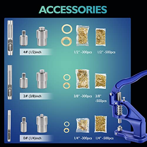 Bonoutil Hand Press Grommet Machine Heavy Duty Grommet Punch Tool Kit With 3 Dies 1/4" 3/8" 1/2", Punch Hole Tool And 1500 Pcs Gold Grommets For Leather/Shoes/Cloths #TOP4