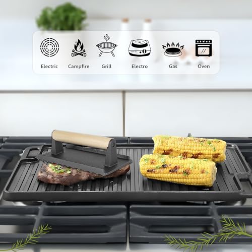 image for HeroFiber Cast Iron Reversible Grill/Griddle Set with Press, Scraper &