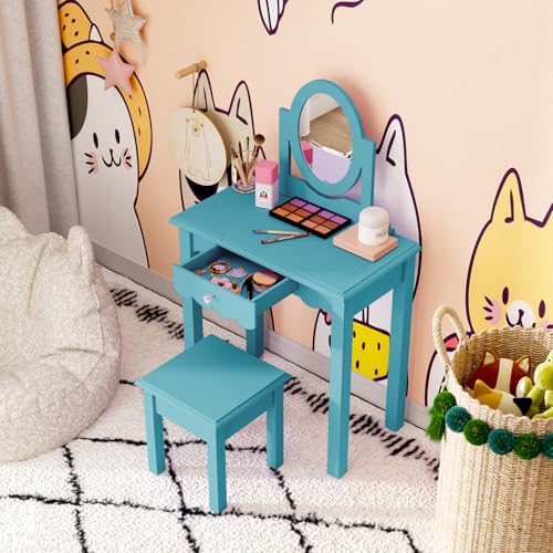 Image of HLR Kids Vanity,Little Girls Vanity Set with Mirror and Stool,Wooden 2 in 1 Princess Makeup Desk Dressing Table with Detachable Top, Toddler Vanity Dresser Set with Drawer for Little Girls,Blue