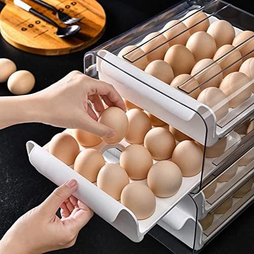 QUMENEY 32 Grid Egg Storage Box Refrigerator Drawer Type Organize Egg Container Large Capacity Clear Plastic Egg Tray Holder for Camping Space-Saving Kitchen