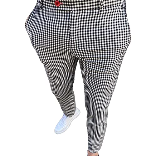 Men's Plaid Chino Pants Flat Front Skinny Slim Fit Stretch Suit Pant Casual Stylish Business Dress Trousers