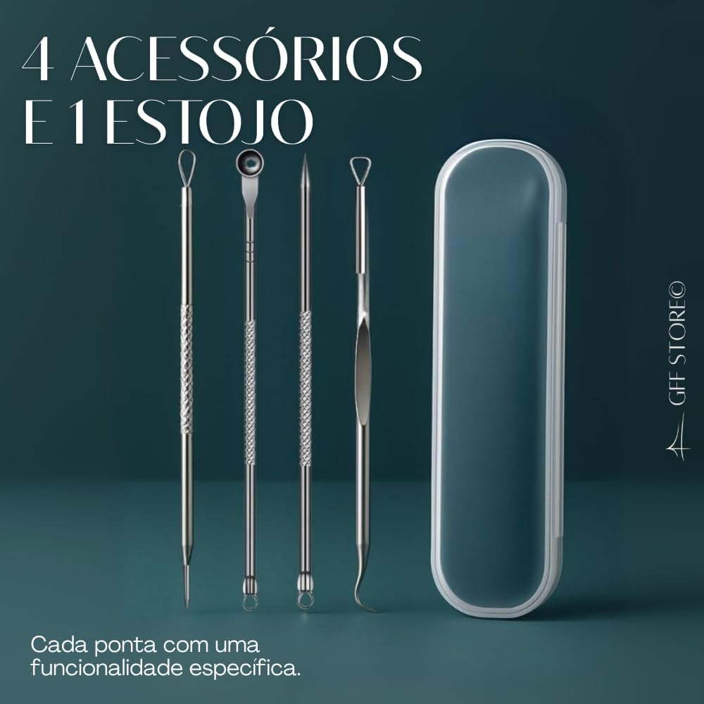 Kit Removedor de Cravos e Espinhas com 4 Peças Profissionais em Aço Inox + Estojo Ferramentas para Limpeza de Pele, Acne e Higiene Facial Segura