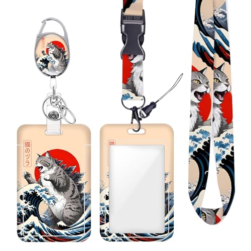 Funny Japanese Cat ID Badge Holder with Lanyard Retractable Badge Reel