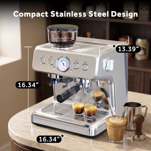 Image of Espresso Machine with Grinder, 20 Bar Espresso Maker with Milk Frother, PID Temperature Control, 30 Grind Settings, Removable Water Tank, Stainless Steel Coffee Machine for Cappuccino, Latte