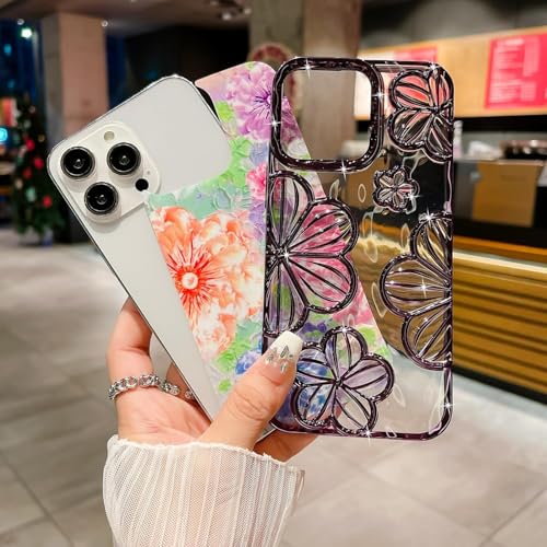 Image of mobistyle Designed for iPhone 14 Pro Cover| Electroplating Colourful Flower | 3D TPU Camera Protection Back Cover Case iPhone 14 Pro for Women Girls (Purple)