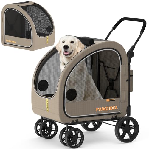 PAWZIDEA 3-in-1 Large Dog Stroller w/Detachable Carrier up 80lbs, Portable Dog Car Crate & Travel Kennel Combo, Foldable Pet Stroller for 2 Medium Dogs, All-Terrain 9” Jogger Wheels, Adjusta