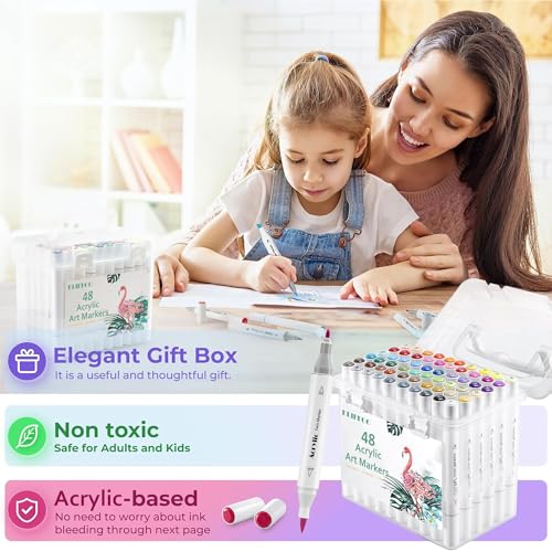 Image of 48 Colors Dual Tip Acrylic Paint Markers Set with Carrying Case For Painting Sketching Calligraphy Drawing, Permanent Colouring Marker Pens For Rock, Canvas, Wood, Glass, Ceramic, Fabric (48)