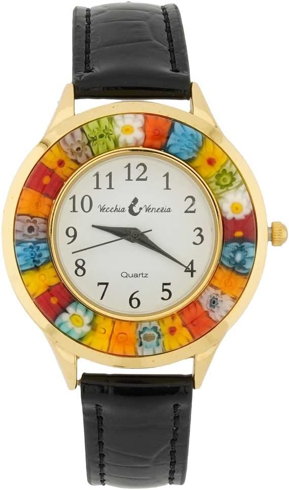 Glass Of Venice Serena Murano Millefiori Watch with Leather Band - Gold Black