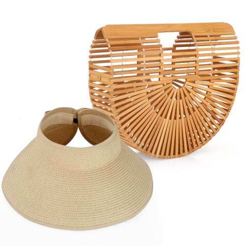 Image of Bamboo Purse Women's Natural Tote Straw Purse Foldable Straw Sun Visor Hats for Women, Beach Bamboo Bag Summer Outdoor