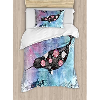 Ambesonne Narwhal Duvet Cover Set, Floral Patterned Whale and Fish Psychedelic Abstract Art Inspirations, Decorative 2… 514TmdcdLtL. SS400