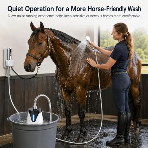 Bomba de ducha portátil para caballos para baño y enjuague – Kit de ducha recargable para equinos con pantalla digital de temperatura del agua, spray presurizado, motor silencioso y manguera para granero, remolque y potrero miniatura 7