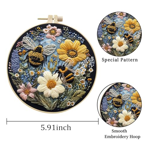 Image of EOBTAIN 3 Pcs Bee Floral Embroidery Kit for Beginners,Yellow Flower Embroidery Kits for Adults, Wildflower Plant Embroidery Starter Kit with Pattern,Hoop,Thread,Needles,Hand DIY Craft Kits for Adults