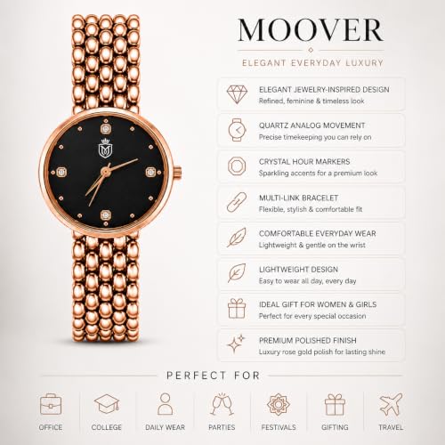 Image of MOOVER Analog Watch for Women & Girls | Luxury Bracelet Style Ladies Wrist Watch | Crystal Dial with Premium Stainless Steel Chain Strap | Fashion Watch for Daily Wear, Party & Gift