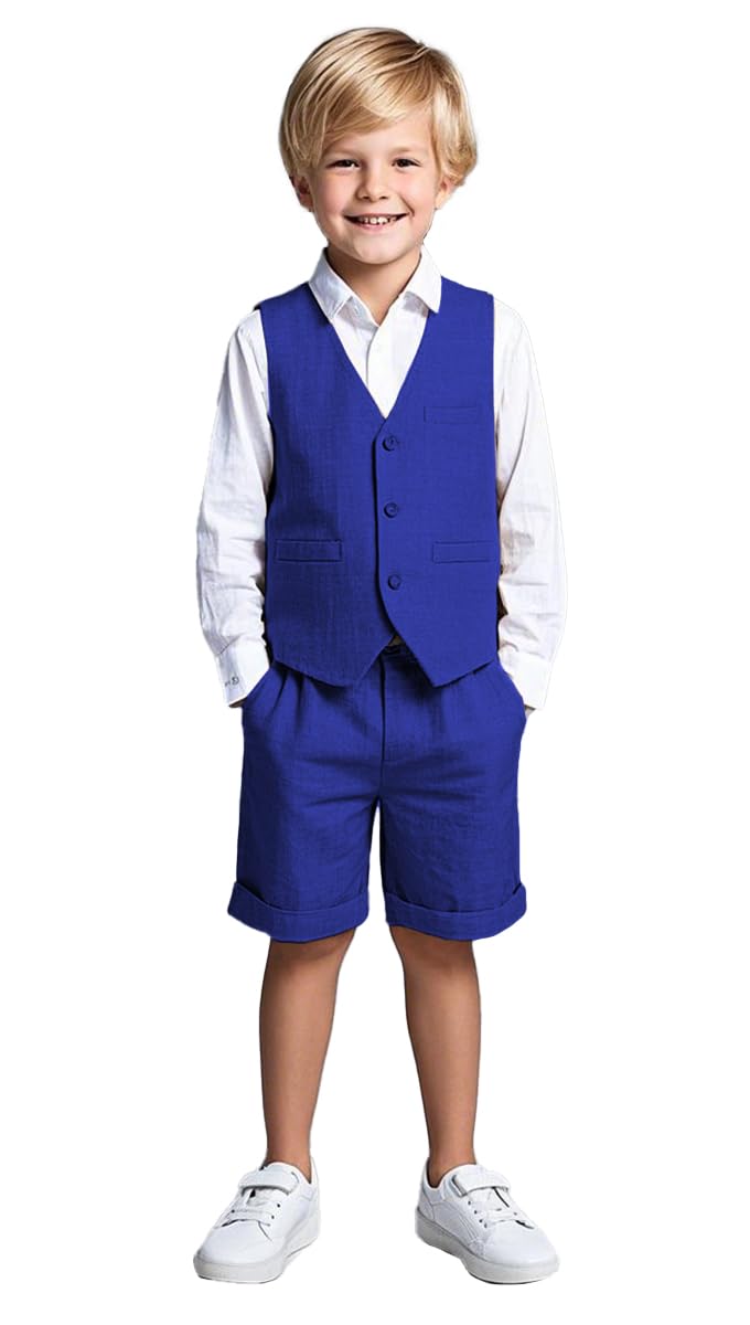 Traje de lino de 2 piezas para niños, chaleco y pantalones cortos, traje de verano para la playa, azul real, 8 años