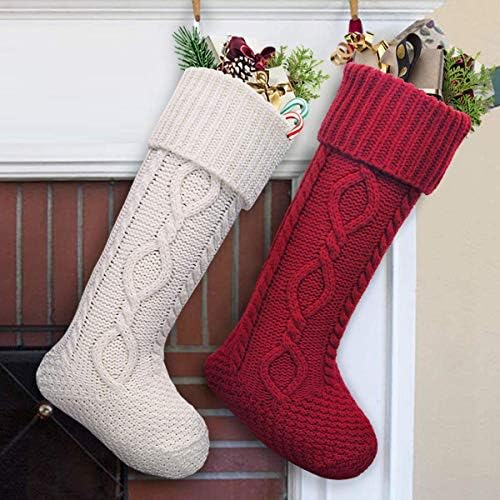 LimBridge Christmas Stockings, 2 Pack 20 inches Large Size Cable Knit Knitted Xmas Rustic Personalized Stocking Decorations for Family Holiday Season Decor, White or Red