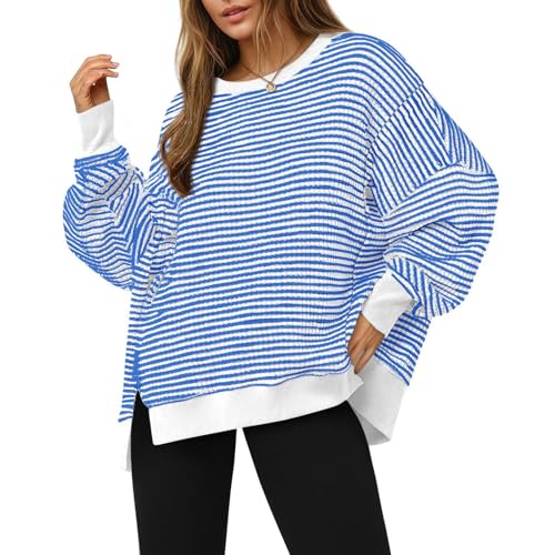 Oversized Striped Shirt Women Waffle Knit Crewneck Long Sleeve Sweatshirt - image 1