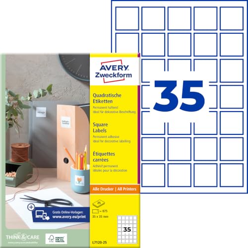 AVERY Zweckform L7120-25 Quadratische Etiketten (875 Klebeetiketten, 35x35mm auf A4, QR Code...