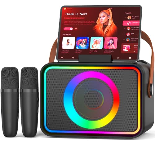 Karaoke Machine for Kids Adults,Portable Bluetooth Speaker with 2 Wireless Microphone with LED Lights, Karaoke Microphone with PA System Supports USB/TF/AUX,Gift for Party (Black)