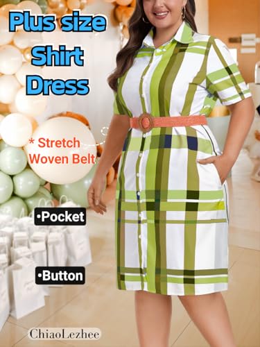 Image of ChiaoLezhee Plus Size Shirt Dress, Colorful Plaid Match Waistband, Fits 1XL-5XL