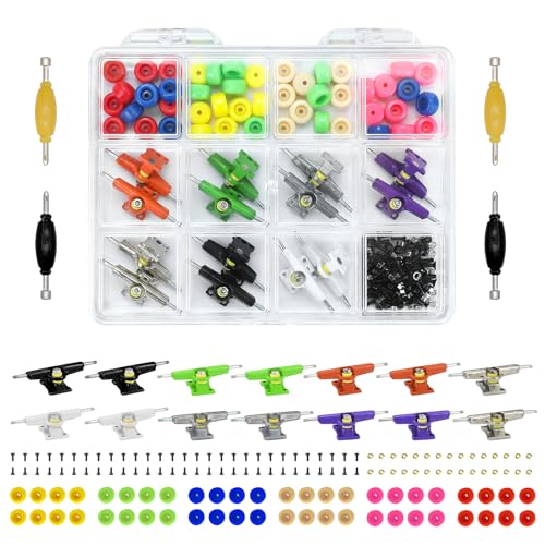 DisplayMore 156PCS Fingerboard Repair Kit -Includes Case & Tools-Mini Finger Skateboard Parts Include 14 Multicolors Trucks & 48 Multicolour Bearingless Wheels & 60 Screws & 30 Nuts & 4 Screwdriver