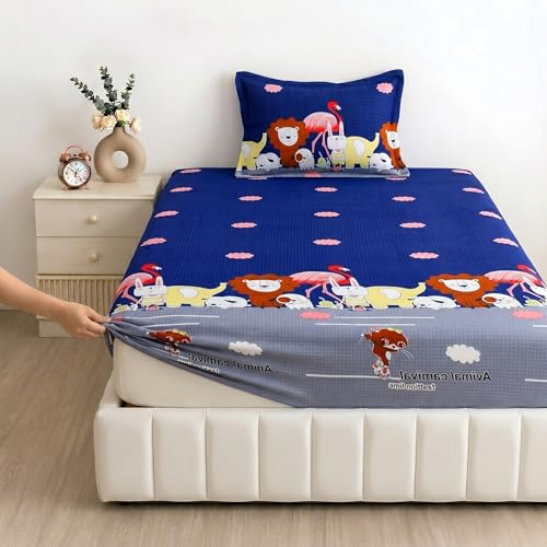 Image of Filymore Animal Carnival Elastic Fitted bedsheet for Kids Room Single Bed 240 TC Soft Microfiber 1 bedsheet and 1 Pillow Covers (Size 72 x 36 inches) fit up to 6 inches Mattress(Color-Blue and Grey)