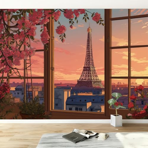 Fotomurales 350 x 256 cm Papel pintado tejido no tejido decorativos Murales Atardecer En París Sobre La Torre Eiffel, Moderna Decoración De Pared Sala Cuarto Oficina, Rosa