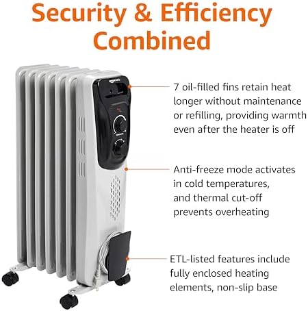 Amazon Basics Portable Oil Radiator Heater, Indoor Use, 3 Heat Settings, Over-Heat Protection, ETL-certified Safety, 7 Oil-Filled Steel Fins, 1500W, Tip-Over Protection, 11"D x 14.8"W x 25.2"H, White - 3