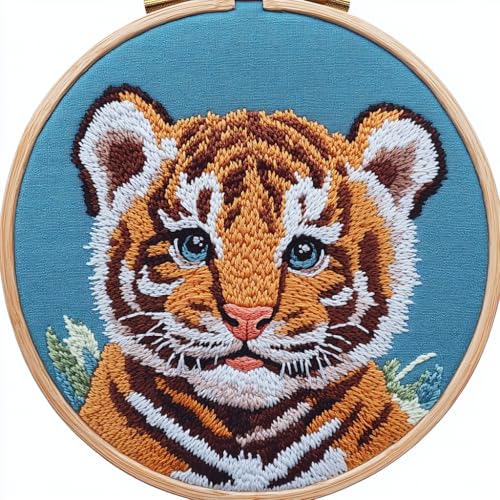 Image of DIY Punch Needle Kits Cartoon Tiger Portrait with Hoop 20x20cm-1