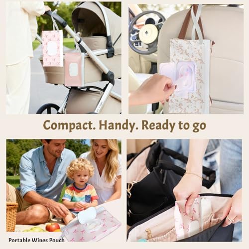 eoscasely Wipe Dispenser and Wipes Container, 2 Pack Reusable Wipes Holder and Travel Wipes Case, Refillable Pouch for Baby Essentials, blush& bow Design (Blush) - 4