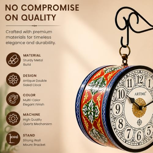 Image of Handcrafted Double Side Metal Analog Vintage Wall Clock | 1.5 Year Machine Warranty | 6 INCHES | 1 Side Number 1 Side Roman,Color (Multicolor)