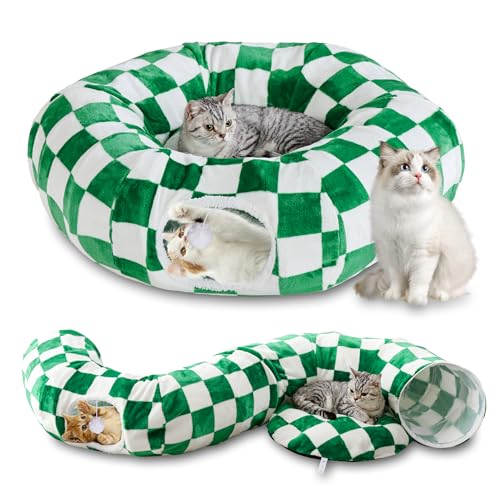 Image of Cat Tunnel for Indoor Cats, Cute Peekaboo Cat Cave with Dangling Balls, Checkered Pet Donut Tunnel Bed with Circle Mat for Puppy Kitten Rabbit, Green /White