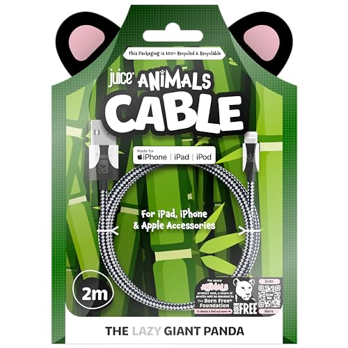 Juice Animals Apple iPhone Lightning 2M Braided Charger and Sync Cable for iPhone 14, 14 Pro, 13, 13 Pro, 12, 12 Mini, SE, 11, XS, XR, X, 8, 7, 6, 5, iPad, Pro, Air, Mini, Airpods Pro (Giant Panda)