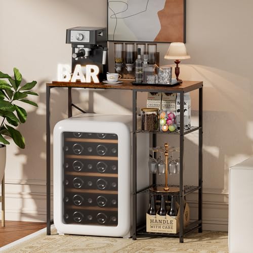 EnigmaSoul Mini Fridge Stand with Storage Shelves, 3-Tier Microwave Stand, Coffee Bar Bakers Rack, Small Refrigerator Cabinet Organizer Table for Dorm Apartment Kitchen Office, Rustic Brown
