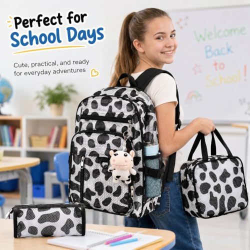 Image of Silkfly 3 Pcs Mesh Backpack Set, Heavy Duty Semi-transparent Bookbag with Lunch Bag Pencil Case for Travel, Beach, Sports